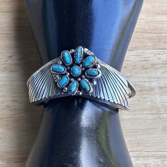 Vintage Navajo Stamped Tom Sterling Silver 9 Turquoise Cabs Cuff Bracelet Deco‎ - Picture 2 of 12